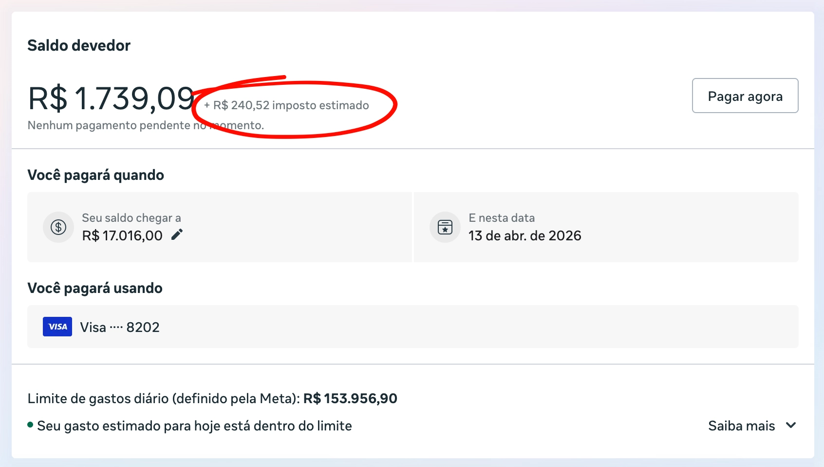 Saldo devedor no Meta Ads com imposto estimado de R$ 240,52