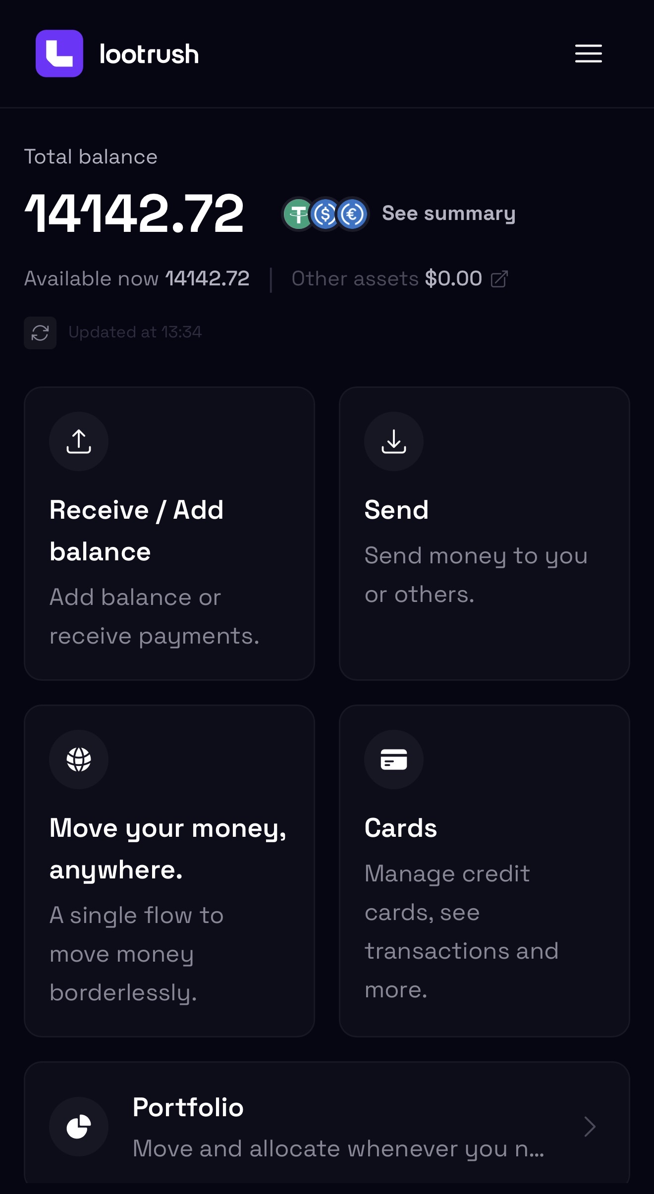 App da Lootrush mostrando saldo e funcionalidades